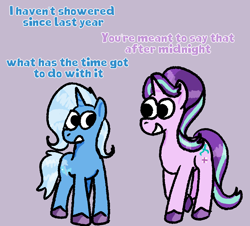 Size: 1198x1083 | Tagged: safe, artist:zoeyhorse, derpibooru import, starlight glimmer, trixie, pony, unicorn, g4, colored hooves, dialogue, duo, duo female, female, hooves, horn, mare, open mouth, open smile, purple background, simple background, smiling