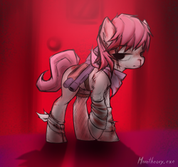 Size: 2945x2764 | Tagged: safe, artist:maretheory.exe, derpibooru import, oc, oc only, earth pony, pony, bags under eyes, bandage, bandaged leg, blood, clothes, gradient muzzle, gun, leg warmers, my putrid ponies, shotgun, weapon