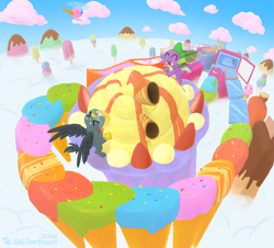 Size: 2269x2053 | Tagged: safe, artist:siemensohm, derpibooru import, gabby, spike, dragon, griffon, g4, duo, duo male and female, eating, eyes closed, female, food, high res, ice cream, ice cream cone, male, open mouth, open smile, popsicle, puffy cheeks, smiling, winged spike, wings