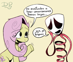 Size: 1280x1091 | Tagged: safe, artist:sunyook, derpibooru import, fluttershy, pegasus, g4, crossover, cute, duo, duo female, female, friendshipping, gangle, mare, mask, ribbon, shy, shyabetes, spanish, talking, the amazing digital circus, translated in the description