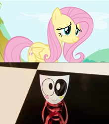 Size: 1069x1215 | Tagged: safe, derpibooru import, edit, edited screencap, editor:leonskysong, screencap, fluttershy, pegasus, pony, g4, crossover, crossover shipping, cute, duo, duo female, female, gangle, lesbian, mask, ribbon, shipping, shyabetes, smiling, the amazing digital circus