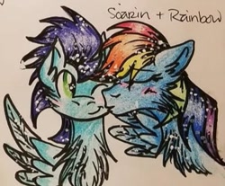 Size: 375x311 | Tagged: safe, derpibooru import, rainbow dash, soarin', pegasus, pony, g4, female, kiss on the cheek, kissing, male, mare, shipping, soarindash, stallion, straight, traditional art