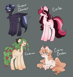 Size: 2756x2910 | Tagged: safe, artist:lilyube, derpibooru import, oc, oc:cardamom, oc:cerise, oc:creme brulee, oc:tempest slumber, earth pony, pegasus, pony, unicorn, bandana, beanbrows, bow, choker, dreadlocks, earth pony oc, eyebrows, eyebrows visible through hair, female, folded wings, freckles, frown, gray background, hair bow, hair over eyes, horn, jewelry, lying down, magical lesbian spawn, male, mare, necklace, nose piercing, nose ring, offspring, parent:big macintosh, parent:donut joe, parent:fleur-de-lis, parent:inky rose, parent:princess celestia, parent:rainbow dash, parent:tree hugger, parent:zephyr breeze, parents:fleurmac, parents:inkydash, parents:joelestia, parents:zephyrhugger, pegasus oc, piercing, prone, simple background, spiked choker, stallion, standing, unicorn oc, wings