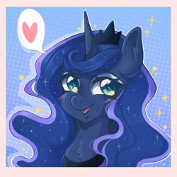 Size: 1600x1600 | Tagged: safe, artist:faelitha, derpibooru import, princess luna, alicorn, pony, g4, blushing, crown, cute, ethereal mane, female, happy, heart, icon, jewelry, lunabetes, mare, open mouth, open smile, procreate app, regalia, smiling, solo, starry mane, stars