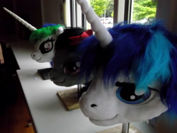 Size: 4288x3216 | Tagged: safe, artist:atalonthedeer, derpibooru import, octavia melody, princess celestia, shining armor, g4, 2013, disembodied head, fursuit head, galacon, irl, photo, ponysuit, table, trio