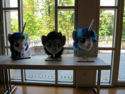 Size: 4000x3000 | Tagged: safe, artist:atalonthedeer, derpibooru import, octavia melody, princess celestia, shining armor, g4, 2013, disembodied head, fursuit head, galacon, irl, photo, ponysuit, table, trio