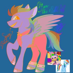 Size: 1024x1024 | Tagged: safe, artist:will._.blackwood, derpibooru import, rainbow dash, oc, oc only, pegasus, rabbit, g4, adoptable, animal, clothes, crossover, female, fusion:jax (tadc), fusion:rainbow dash, grin, jax (tadc), male, mare, overalls, smiling, stallion, teeth, the amazing digital circus