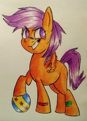 Size: 1321x1832 | Tagged: safe, artist:hyper radar, derpibooru import, scootaloo, pegasus, pony, g4, 2d, ball, band-aid, determined, fanart, looking away, photo, simple background, smiling, standing, traditional art, white background