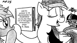 Size: 1200x675 | Tagged: safe, artist:pony-berserker, derpibooru import, lyra heartstrings, rainbow dash, twilight sparkle, pegasus, unicorn, pony-berserker's twitter sketches, g4, book, book title humor, concerned pony, conspiracy dash, eyes closed, female, horn, implied camp, mare, oblivious, pony-berserker's twitter sketches (2025), smug, text, this will end in banishment, title, tyrant sparkle