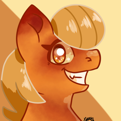 Size: 1280x1280 | Tagged: safe, artist:galactichooves, derpibooru import, oc, oc only, oc:paitony, earth pony, pony, blonde, blonde mane, bread, bust, digital art, fangs, food, icon, looking at you, male, orange eyes, orange pony, shiny eyes, smiling, smiling at you, solo