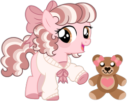 Size: 1245x990 | Tagged: safe, artist:strawberry-spritz, derpibooru import, oc, oc only, oc:teddie love, earth pony, pony, base used, bow, brown eyes, brown mane, brown tail, cardigan, clothes, colored hooves, commission, curly hair, curly mane, curly tail, eyelashes, female, female oc, filly, filly oc, foal, hair accessory, hair bow, hooves, looking back, mane accessory, neck bow, open mouth, open smile, pink bow, pink coat, pink hooves, plushie, raised hoof, raised leg, show accurate, simple background, smiling, solo, standing, standing on three hooves, tail, teddy bear, three quarter view, transparent background