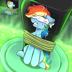 Size: 2000x2000 | Tagged: safe, artist:eniartuwu, derpibooru import, rainbow dash, pegasus, pony, daring done?, g4, acid, blindfold, bondage, fanart, gritted teeth, my little pony: friendship is magic, peril, rainbow, redraw, rope, rope bondage, scene interpretation, screencap reference, sitting, sweat, teeth