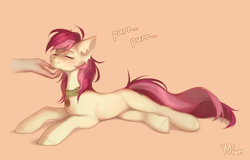 Size: 4520x2894 | Tagged: safe, artist:miurimau, derpibooru import, roseluck, earth pony, human, pony, g4, behaving like a cat, belly, collar, commission, commissioner:doom9454, concave belly, cute, eyes closed, hand, lying down, offscreen character, offscreen human, pet tag, petting, pony pet, purring, rosepet