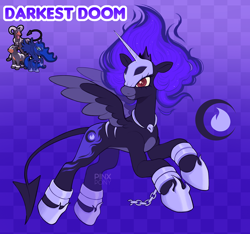 Size: 1000x937 | Tagged: safe, artist:pinxpony, derpibooru import, oc, oc only, oc:darkest doom, alicorn, pony, g4, checkered background, fusion, fusion:houndoom, fusion:houndour, fusion:princess luna, gradient background, pokemon fusion