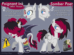 Size: 4057x3052 | Tagged: safe, artist:catponything, artist:lavender-bases, artist:x-iiaobases, derpibooru import, oc, oc only, oc:poignant ink, oc:somber poet, bat pony, pegasus, pony, undead, vampire, g4, base used, bat pony oc, bipedal, bloodshot eyes, brother and sister, clothes, duo, duo male and female, ear piercing, emo, emo hair, fangs, female, folded wings, hair covering face, heterochromia, leg warmers, lip piercing, male, mare, pegasus oc, piercing, raised leg, reference sheet, show accurate, siblings, spread wings, stallion, standing on three hooves, twins, wings