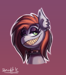 Size: 1106x1260 | Tagged: safe, artist:bkiltersot, derpibooru import, oc, oc only, oc:sylvia, original species, bust, collar, ear piercing, female, gradient background, green eyes, looking at you, mare, piercing, red hair, sharp teeth, smiling, solo, teeth, three quarter view