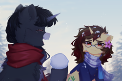 Size: 3500x2333 | Tagged: safe, artist:floweryoutoday, derpibooru import, oc, oc:ardent kindheart, oc:obsidian limelight, crystal pony, unicorn, clothes, disappointed, horn, laughing, red eyes, snow, snowball, sweater, winter