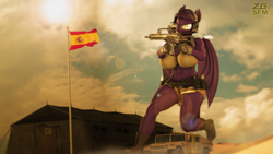 Size: 3840x2160 | Tagged: safe, artist:zgsfm, derpibooru import, oc, oc only, oc:grape wine, anthro, bat pony, plantigrade anthro, 3d, badass, big breasts, breasts, cammo, camouflage, car, clothes, desert, female, gun, hummer, jeep, pants, run, sexy, solo, spain, suv, swimsuit, tent, uniform, vehicle, war, weapon