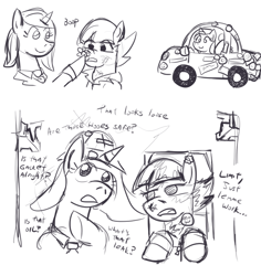 Size: 800x849 | Tagged: safe, artist:jargon scott, derpibooru import, princess cadance, oc, oc only, oc:limit state, oc:low rider, pegasus, pony, unicorn, g4, boop, car, clothes, dialogue, driving, female, grayscale, hard hat, hat, horn, mare, monochrome, necktie, open mouth, pegasus oc, smiling, sticker, unicorn oc