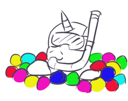 Size: 441x348 | Tagged: safe, artist:jargon scott, derpibooru import, oc, oc:limit state, pony, unicorn, ball, ball pit, female, horn, mare, partial color, scuba gear, smiling, snorkel, solo, unicorn oc