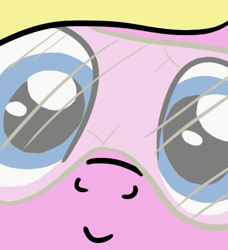 Size: 500x549 | Tagged: safe, alternate version, artist:jargon scott, derpibooru import, oc, oc only, oc:limit state, pony, unicorn, close-up, extreme close-up, female, goggles, hi anon, horn, looking at you, mare, meme, safety goggles, smiling, solo, unicorn oc