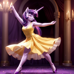 Size: 760x760 | Tagged: safe, ai content, derpibooru import, editor:dordrago, twilight sparkle, unicorn twilight, anthro, unicorn, g4, ai composition, breasts, candle, cleavage, clothes, dance floor, dancing, dress, eyes closed, female, grand galloping gala, happy, high heels, horn, indoors, prompter:dordrago, shoes, solo, yellow dress