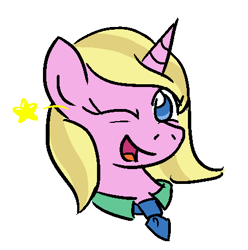 Size: 450x454 | Tagged: safe, artist:jargon scott, derpibooru import, oc, oc only, oc:limit state, pony, unicorn, bust, clothes, female, horn, looking at you, mare, necktie, one eye closed, open mouth, open smile, portrait, simple background, smiling, solo, stars, unicorn oc, white background, wink