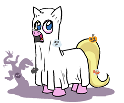 Size: 852x708 | Tagged: safe, artist:jargon scott, derpibooru import, oc, oc only, oc:limit state, bat, ghost, pony, undead, unicorn, bedsheet ghost, clothes, costume, female, ghost costume, halloween, halloween costume, holiday, horn, jack-o-lantern, mare, open mouth, open smile, pumpkin, simple background, smiling, solo, sticker, tail, white background