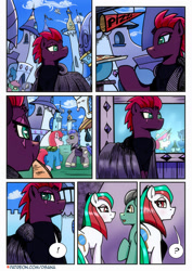 Size: 1280x1811 | Tagged: safe, artist:dsana, derpibooru import, fizzlepop berrytwist, tempest shadow, oc, oc:spiegel, earth pony, pegasus, pony, unicorn, comic:a storm's lullaby, g4, canterlot, female, horn, male, mare, stallion