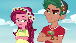 Size: 1920x1080 | Tagged: safe, derpibooru import, screencap, gloriosa daisy, timber spruce, human, equestria girls, g4, legend of everfree, angry, braid, flower, flower in hair, scowl, sky