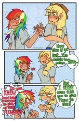 Size: 655x1000 | Tagged: safe, artist:ssuminv, derpibooru import, applejack, rainbow dash, human, equestria girls, g4, 3 panel comic, appledash, applejack's hat, blushing, clothes, comic, cowboy hat, cross-popping veins, duo, duo female, ear piercing, earring, emanata, eyebrows, eyebrows visible through hair, eyes closed, female, flower, hat, humanized, jewelry, lesbian, piercing, shipping, speech bubble