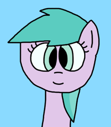 Size: 364x416 | Tagged: safe, artist:luisegirls23, derpibooru import, earth pony, pony, g4, aura (g4), aurabetes, bust, closed mouth, cute, female, filly, foal, hello, light blue background, portrait, simple background, smiling, solo