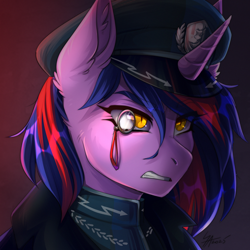 Size: 1300x1300 | Tagged: safe, artist:serodart, derpibooru import, oc, oc only, oc:lina phantom, pony, unicorn, equestria at war mod, angry, bust, cap, clothes, digital art, ear fluff, ears, ember eyes, female, hat, horn, looking to side, looking to the right, military, military uniform, monocle, new lunar republic, peaked cap, portrait, red background, simple background, solo, solo female, uniform