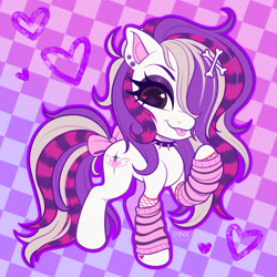 Size: 1500x1500 | Tagged: safe, artist:pinxpony, derpibooru import, oc, oc only, oc:kandi kadaver, earth pony, pony, g4, clothes, coontails, ear piercing, earth pony oc, fishnet clothing, fishnet gloves, gloves, heart, leg warmers, piercing, solo