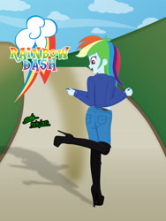 Size: 2414x3218 | Tagged: safe, alternate version, artist:gibsterboy5, derpibooru import, rainbow dash, human, equestria girls, g4, boots, clothes, complex background, denim, denim jacket, female, high heel boots, high heels, high res, jacket, jeans, leather, leather boots, looking down, one leg raised, outdoors, pants, platform boots, platform heels, platform shoes, shadow, shoes, signature, smiling, solo, standing, standing on one leg, text, thigh boots