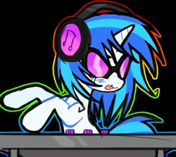 Size: 875x779 | Tagged: safe, artist:poniesinmyhead, derpibooru import, dj pon-3, vinyl scratch, pony, unicorn, g4, :p, female, glasses, headphones, horn, mare, rainbow outline, smiling, solo, tongue, tongue out