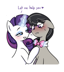 Size: 592x660 | Tagged: safe, artist:dd_mlp, derpibooru import, octavia melody, rarity, earth pony, pony, unicorn, bedroom eyes, blushing, bowtie, duo, duo female, eyeshadow, female, glowing, glowing horn, grin, gritted teeth, horn, lesbian, lip bite, magic, makeup, mare, ponytober, ponytober 2022, raritavia, shipping, simple background, smiling, sweat, sweatdrop, teasing, teeth, undressing, white background