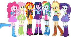 Size: 2072x1102 | Tagged: safe, artist:cwt10101, derpibooru import, applejack, fluttershy, pinkie pie, rainbow dash, rarity, sunset shimmer, twilight sparkle, human, equestria girls, g4, blouse, boots, bowtie, clothes, compression shorts, cute, dashabetes, diapinkes, female, humane five, humane seven, humane six, jackabetes, jacket, leather jacket, open sweatshirt, raribetes, shimmerbetes, shirt, shoes, shyabetes, simple background, skirt, sleeves rolled up, stetson, sweatshirt, t-shirt, tanktop, transparent background, twiabetes