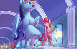 Size: 4999x3208 | Tagged: safe, artist:tsitra360, derpibooru import, pinkie pie, princess luna, rainbow dash, twilight sparkle, alicorn, earth pony, pegasus, pony, fanfic:a small issue, g4, bipedal, broken glass, canterlot castle, fanfic art, female, glass, indoors, magic, magic aura, micro, multicolored hair, open mouth, party cannon, party horn, rainbow hair, raised hoof, raised leg, unaware, underhoof, window, wings