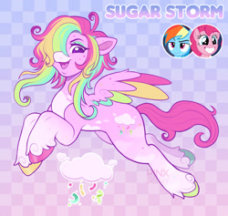 Size: 1500x1419 | Tagged: safe, artist:pinxpony, derpibooru import, pinkie pie, rainbow dash, oc, oc only, oc:sugar storm, pegasus, pony, g4, checkered background, fusion, fusion:pinkie pie, fusion:rainbow dash, gradient background, multicolored hair, pegasus oc, rainbow hair, screencap reference, solo