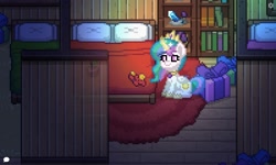 Size: 2000x1200 | Tagged: safe, artist:halloweenoren, derpibooru import, princess celestia, earth pony, original species, pegasus, pony, g4, apple, bed, bedroom, book, bookshelf, crown, diamond, digital art, female, food, gem, glowing, glowing horn, horn, indoors, jewelry, leaf, multicolored hair, my little pony: friendship is magic, necklace, night, pink eyes, pixel art, plush pony, plushie, pony town, present, regalia, screenshots, sitting, solo, sun, wings