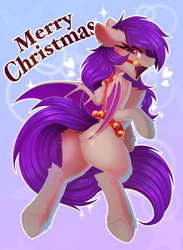 Size: 2992x4096 | Tagged: safe, artist:kebchach, derpibooru import, oc, oc only, oc:silver cornu, bat pony, pony, bat pony oc, bat wings, butt, butt focus, chest fluff, christmas, commission, ear fluff, ear piercing, earring, ears, female, heart, holiday, jewelry, leg fluff, mare, merry christmas, open mouth, piercing, plot, solo, sparkles, underhoof, wings, ych result