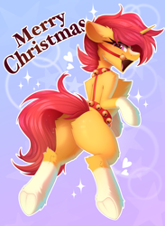 Size: 2992x4096 | Tagged: safe, alternate version, artist:kebchach, derpibooru import, sunburst, pony, unicorn, g4, alternate character, butt, chest fluff, christmas, commission, ear fluff, ear piercing, earring, ears, heart, holiday, horn, jewelry, leg fluff, male, merry christmas, open mouth, piercing, plot, solo, sparkles, stallion, underhoof, ych result