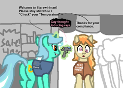 Size: 540x386 | Tagged: safe, artist:lrg!!, derpibooru import, braeburn, lyra heartstrings, pony, unicorn, g4, butt, cross-eyed, derp, gay, horn, implied starswirl, levitation, magic, male, meme, plot, ponified, ponified meme, telekinesis