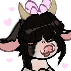 Size: 1024x1024 | Tagged: safe, artist:iridescentclaws, derpibooru import, oc, oc only, oc:mookery, cow, pony, accessory, big bow, black hair, black mane, bow, bust, cow ears, cow horns, cow oc, digital art, ears, eyelashes, female, floating heart, floppy ears, hair bow, hair over eyes, heart, horns, long ears, mottled coat, portrait, simple background, smiling, solo, white background