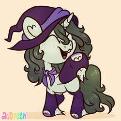 Size: 2100x2100 | Tagged: safe, artist:audreen, derpibooru import, oc, oc only, pony, unicorn, eyes closed, hat, horn, open mouth, open smile, smiling, solo, witch hat