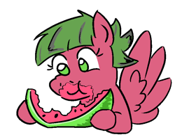 Size: 703x555 | Tagged: safe, artist:jargon scott, derpibooru import, oc, oc only, oc:low rider, pegasus, pony, eating, female, food, mare, pegasus oc, simple background, spread wings, watermelon, white background, wings