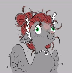 Size: 4071x4096 | Tagged: safe, artist:opalacorn, derpibooru import, oc, oc only, oc:void, pegasus, pony, blushing, bust, ears, female, floppy ears, gray background, laurel wreath, mare, nose piercing, nose ring, piercing, simple background, solo