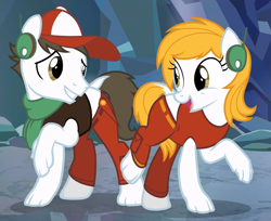 Size: 1280x1044 | Tagged: safe, artist:anonymous, derpibooru import, earth pony, pony, /ptfg/, cave story, clothes, curly brace, duo, duo male and female, female, hat, headphones, human to pony, looking at each other, looking at someone, male, mid-transformation, not flare (g5), open mouth, open smile, outdoors, pants, ponified, quote (cave story), raised hoof, raised leg, scarf, shirt, show accurate, smiling, species swap, transformation, vulgar description