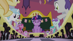 Size: 1399x789 | Tagged: safe, derpibooru import, screencap, alula, cotton cloudy, dinky hooves, liza doolots, noi, petunia, piña colada, pluto, princess erroria, ruby pinch, tootsie flute, tornado bolt, twilight sparkle, unicorn twilight, alicorn, pony, unicorn, g4, lesson zero, all new, animation error, aura (g4), aurabetes, awwlula, caption, cottonbetes, cute, dinkabetes, ears, erroriabetes, floppy ears, grin, horn, magic kindergarten, my little pony: friendship is magic, noiabetes, open mouth, open smile, pinchybetes, piña cutelada, smiling, spot the alicorn, text, tootsie cute, tornadorable, twiabetes, unicorn cotton cloudy, unicorn piña colada, unicorn tornado bolt